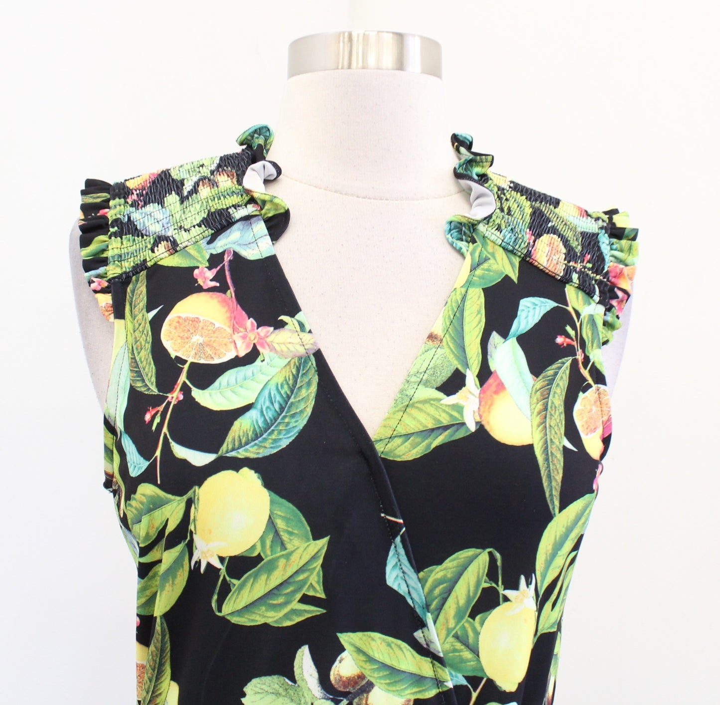 Hale Bob Black Green Lemon Fruit Print Ruffle Ruched Dress Size S Sleeveless