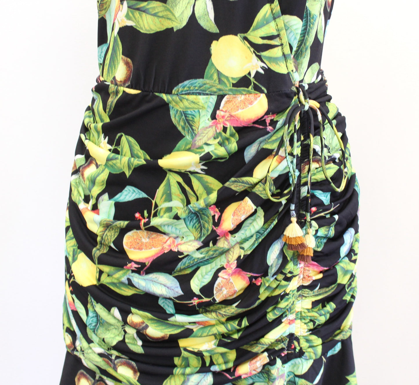 Hale Bob Black Green Lemon Fruit Print Ruffle Ruched Dress Size S Sleeveless