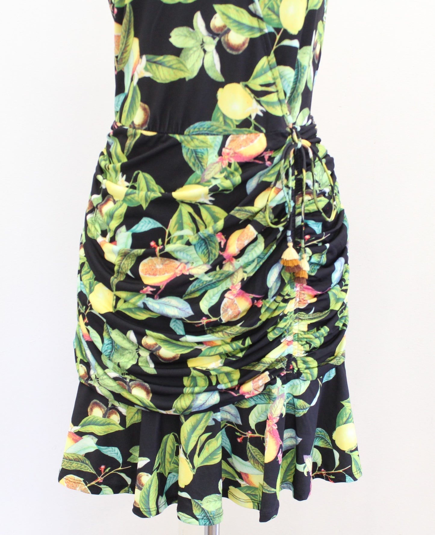 Hale Bob Black Green Lemon Fruit Print Ruffle Ruched Dress Size S Sleeveless