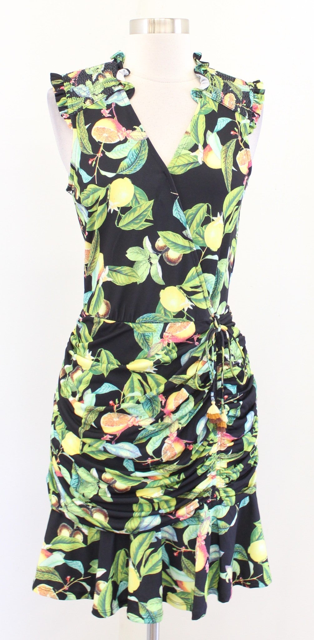 Hale Bob Black Green Lemon Fruit Print Ruffle Ruched Dress Size S Sleeveless
