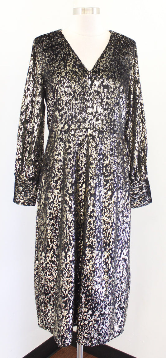 NWT Elie Tahari Black Gold Metallic Textured Velvet Midi Dress Size 12 Cocktail