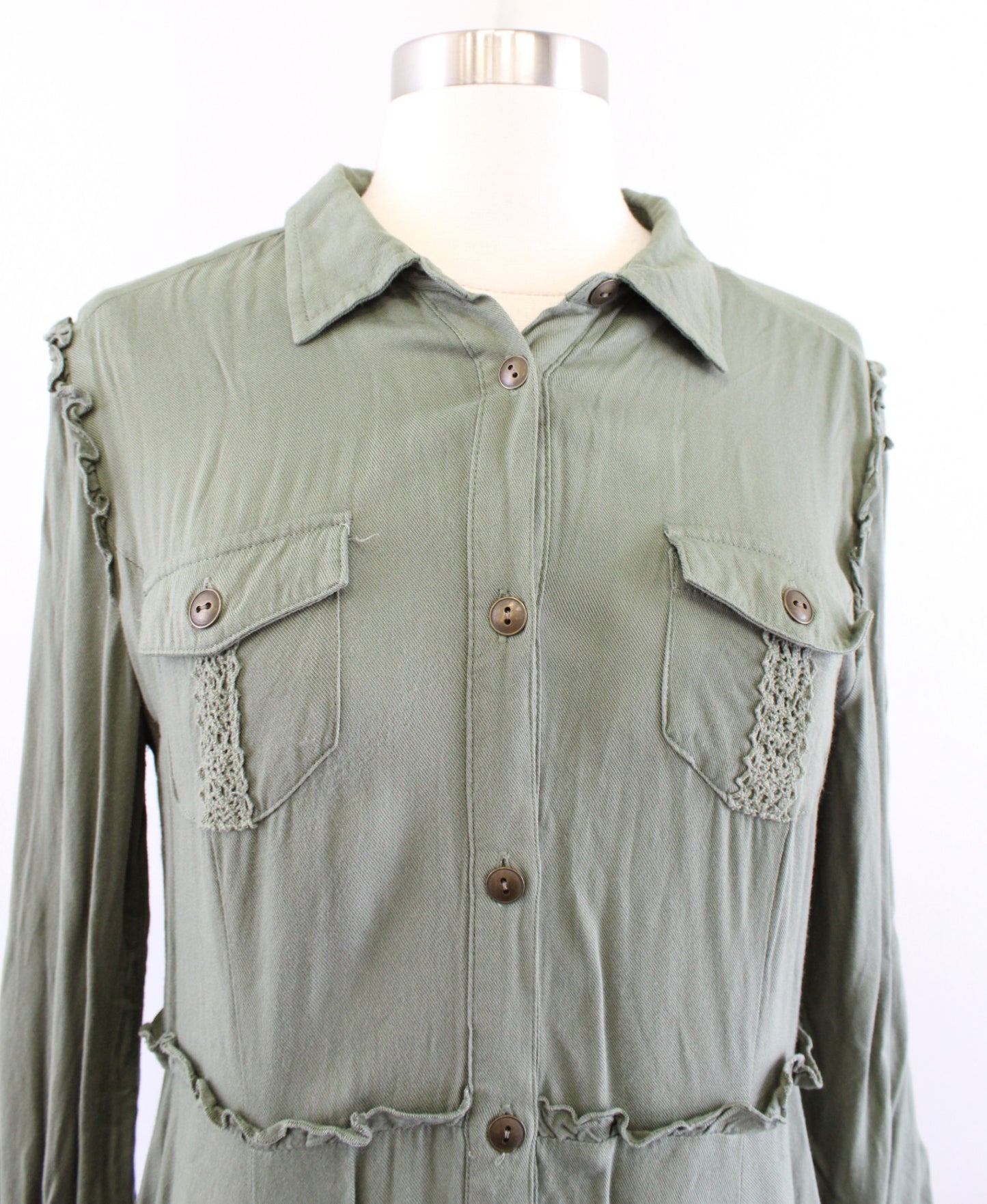 Matilda Jane Tree Canopy Green Asymmetric Hem Shirt Dress Size M Lace Trim