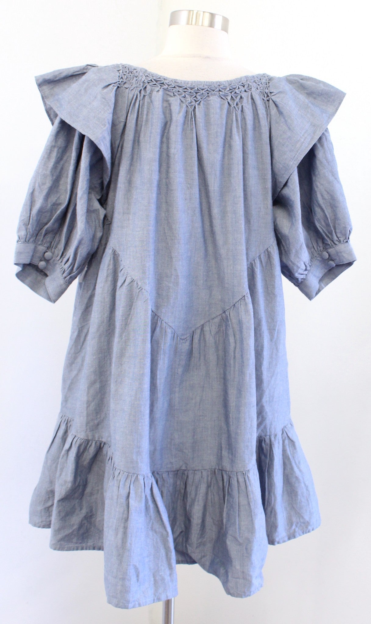 NWT Free People Amelie Denim Chambray Ruffle Mini Shift Dress Size S Indigo