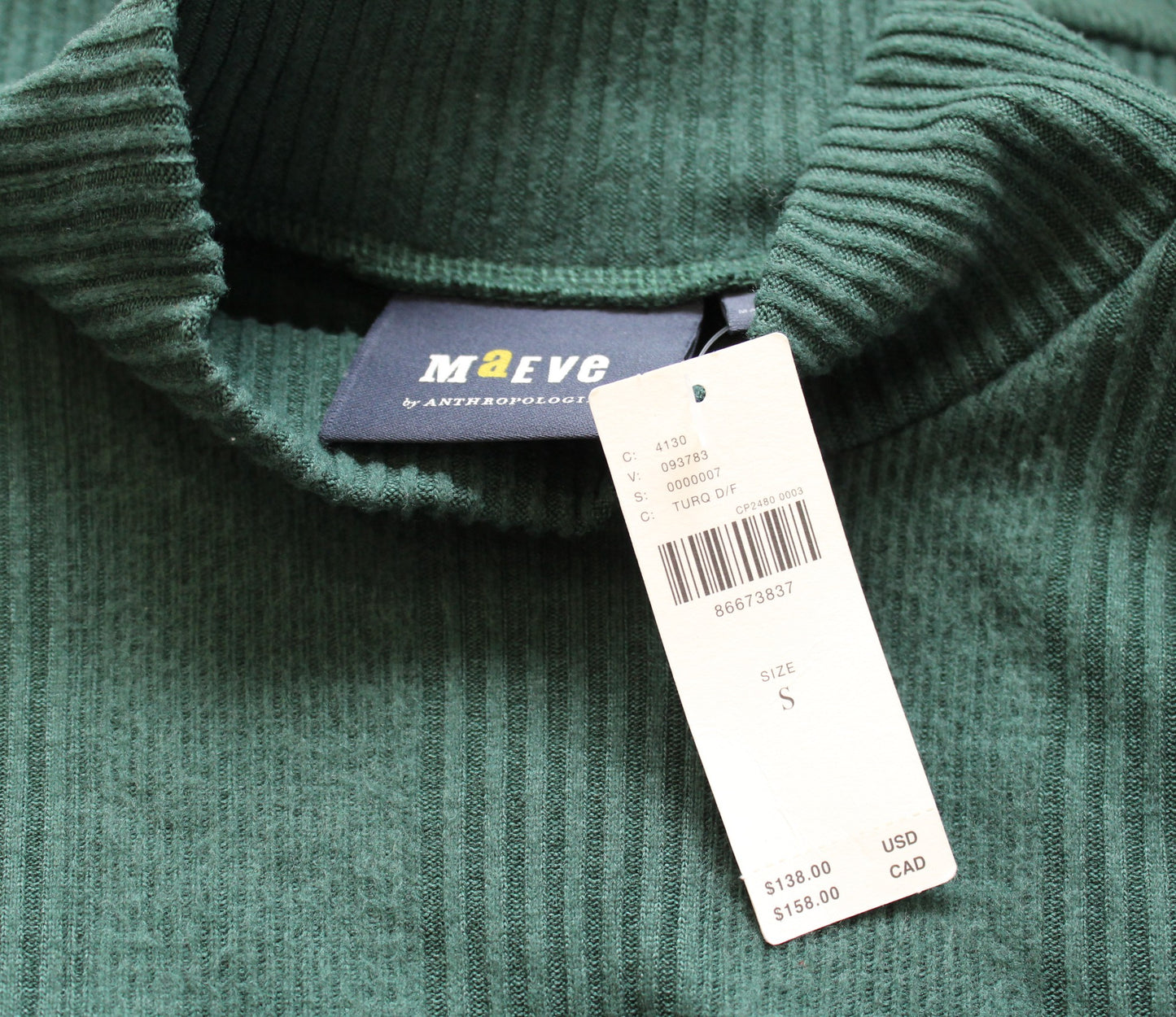 NWT Maeve Anthropologie Green Strong Shoulder Sweater Knit Dress Size S Ribbed