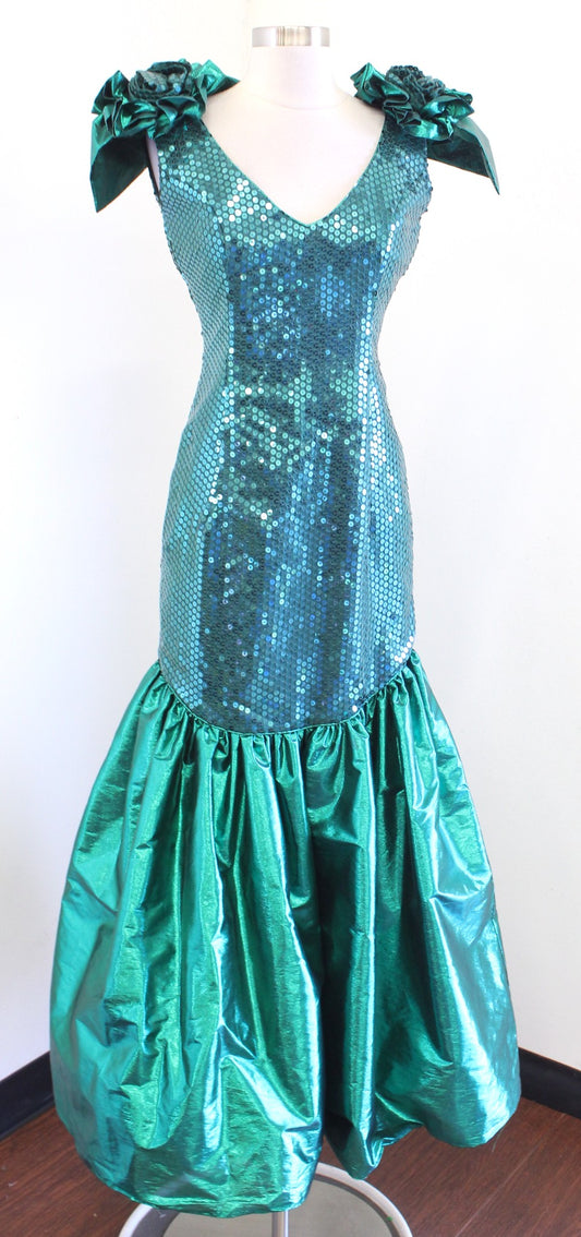 Vtg 80s Green Sequin Ruffle Puff Sleeve Drop Waist Formal Prom Party Dress S ?