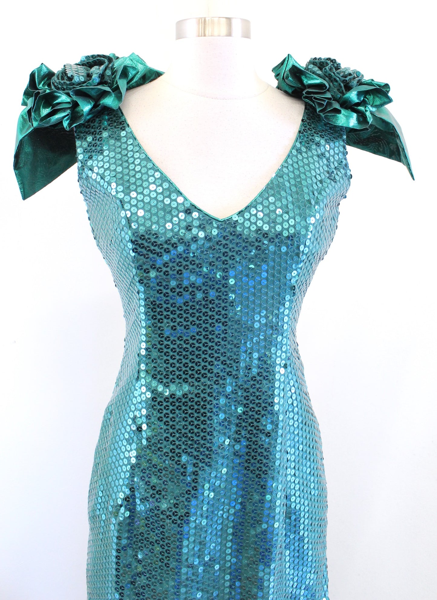 Vtg 80s Green Sequin Ruffle Puff Sleeve Drop Waist Formal Prom Party Dress S ?