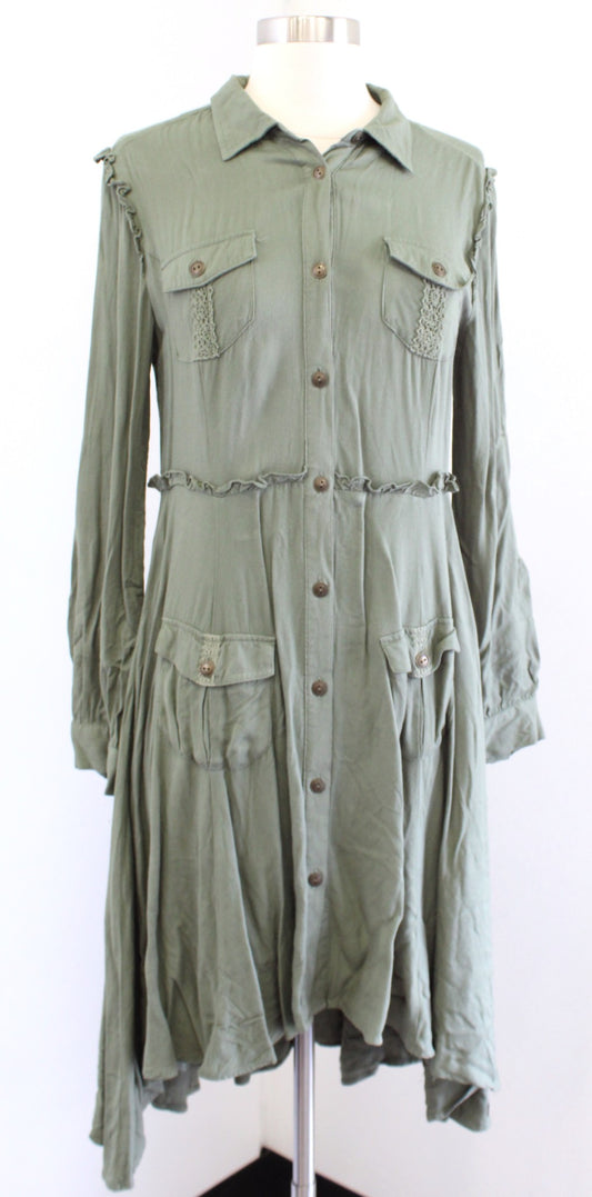 Matilda Jane Tree Canopy Green Asymmetric Hem Shirt Dress Size M Lace Trim