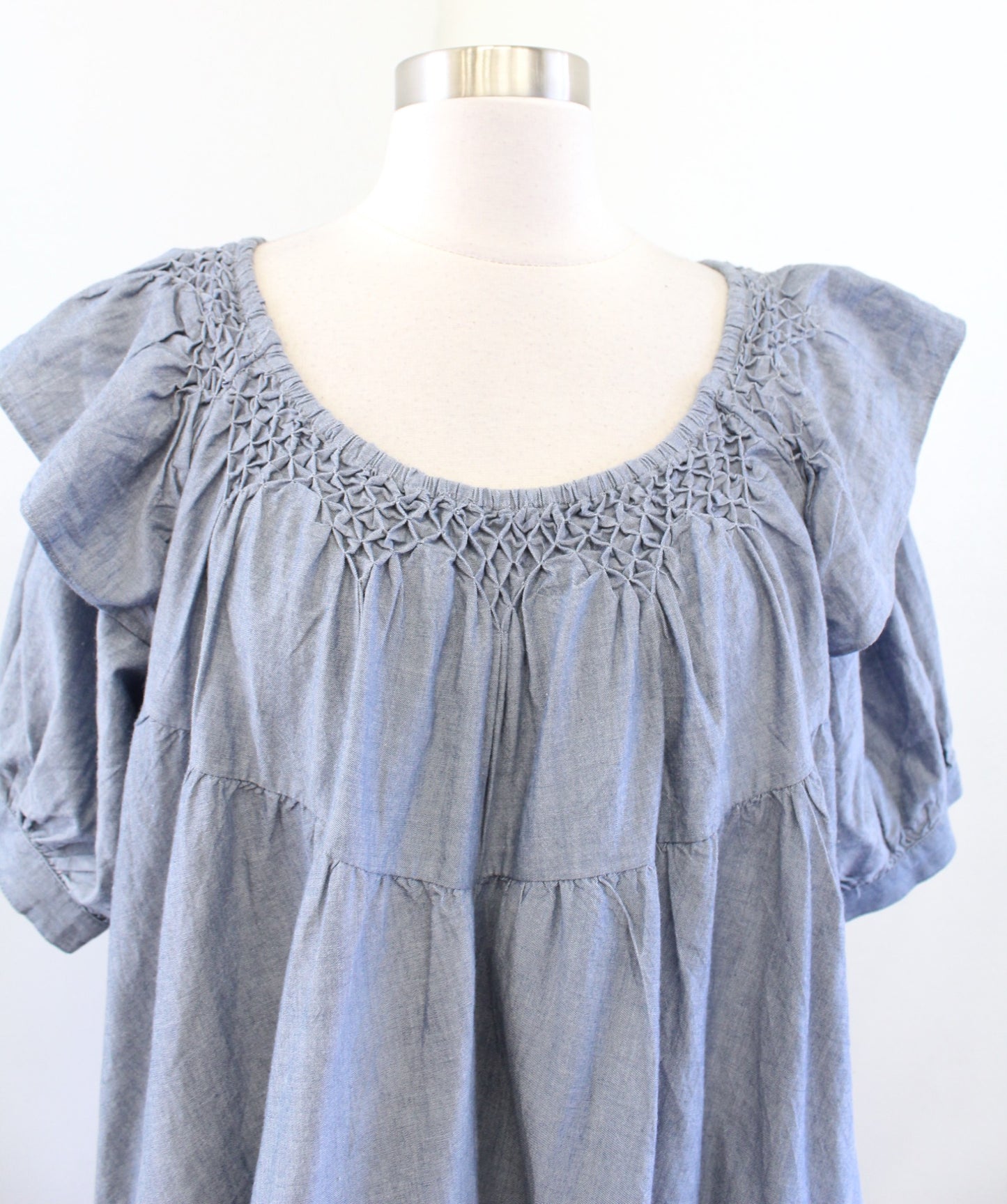 NWT Free People Amelie Denim Chambray Ruffle Mini Shift Dress Size S Indigo