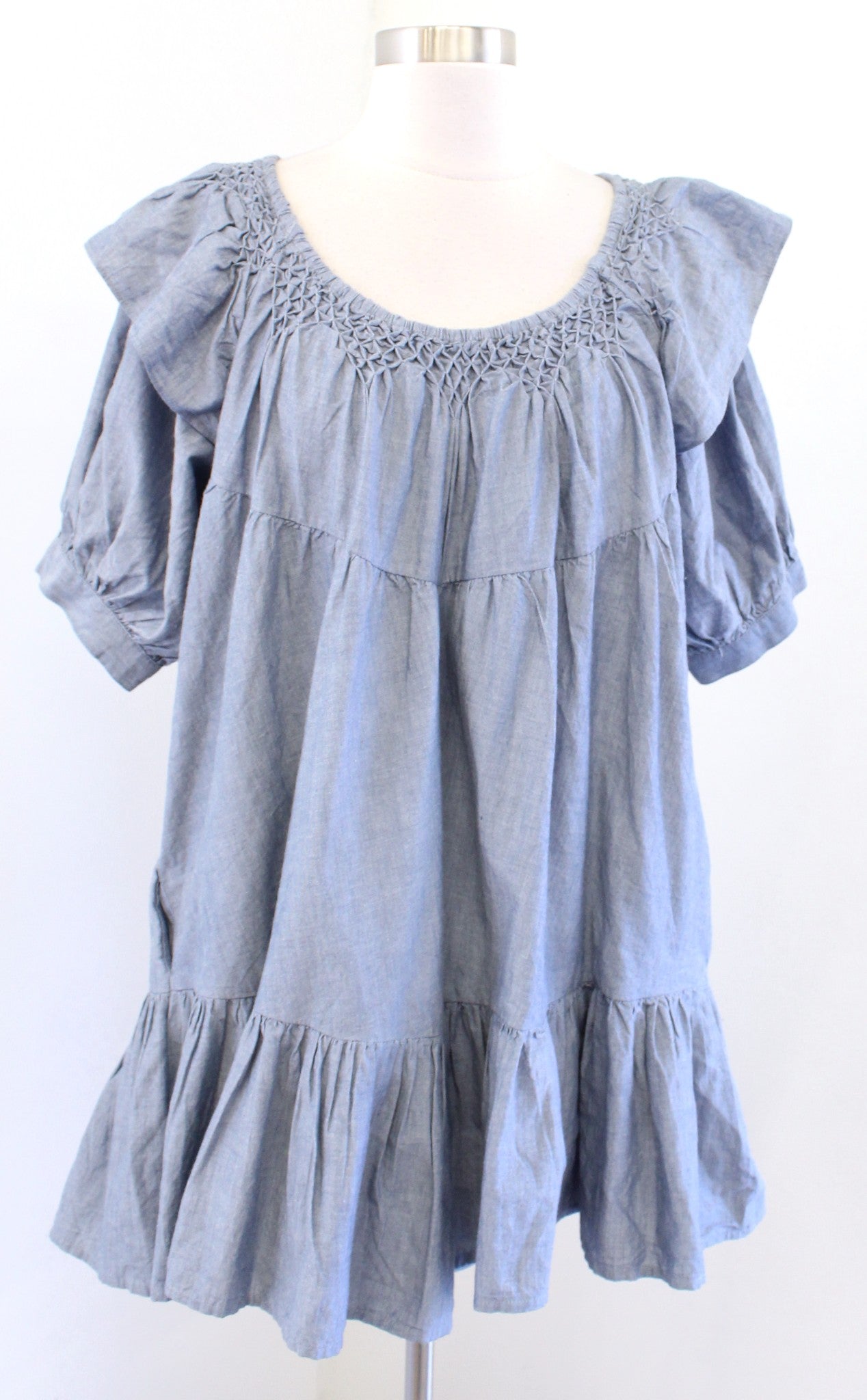 NWT Free People Amelie Denim Chambray Ruffle Mini Shift Dress Size S Indigo