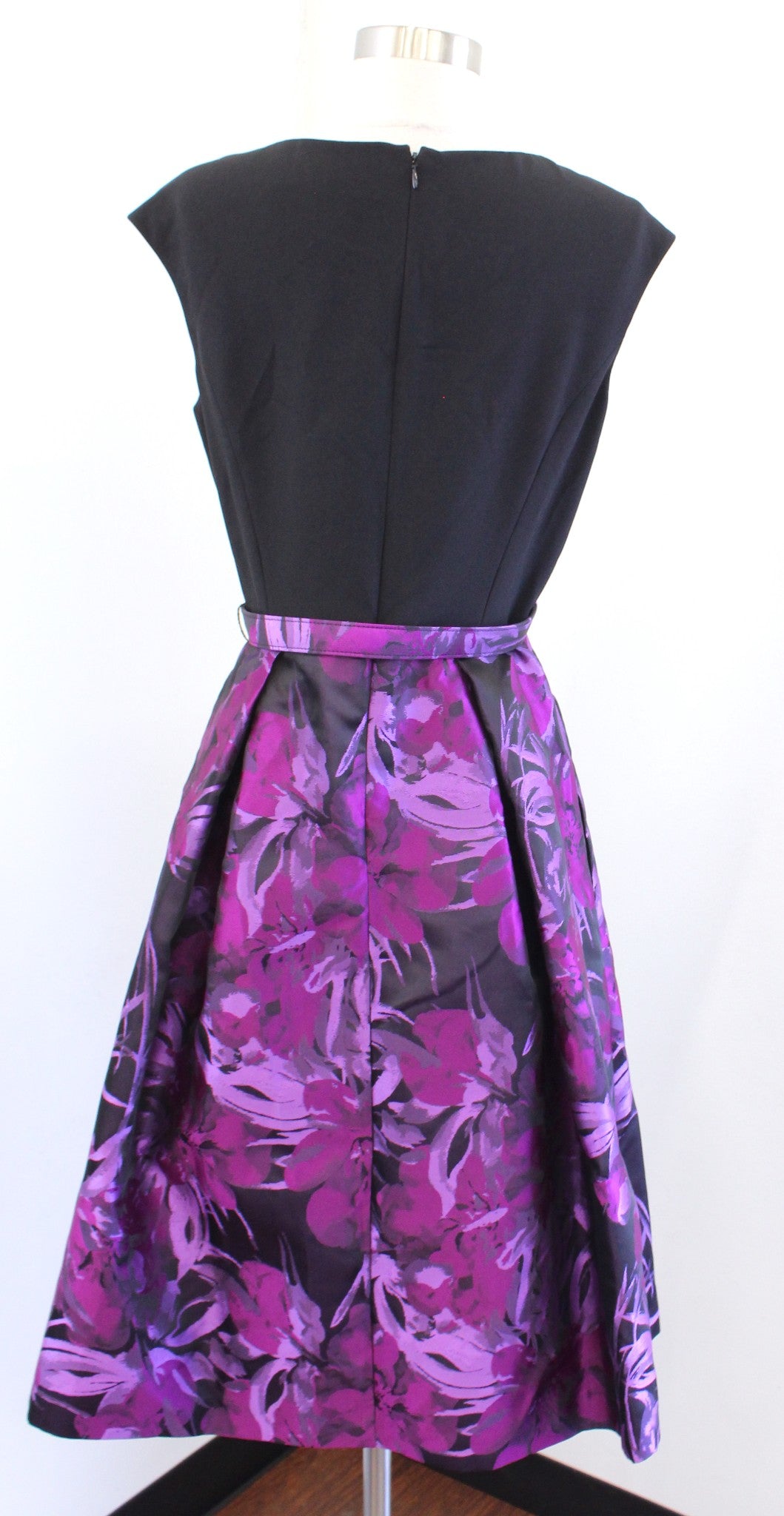 Eliza J Black Purple Pink Floral Contrast Fit and Flare Evening Party Dress 8