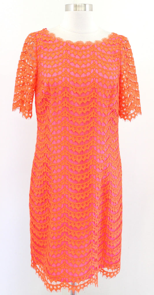 Boden Womens Orange Hot Pink Scalloped Lace Illusion Sheath Dress Size US 6R 6