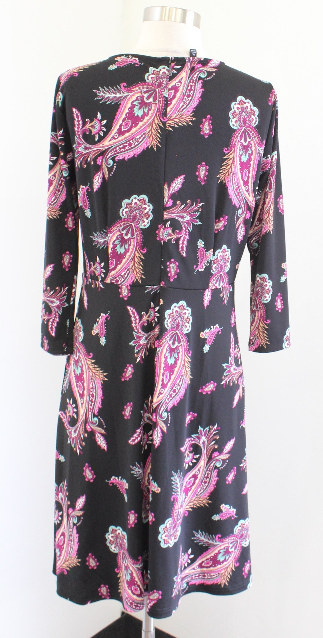 Talbots Black Paisley Print A Line Jersey Knit Dress Size PM MP V Neck Pink