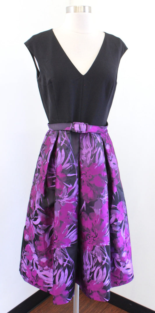 Eliza J Black Purple Pink Floral Contrast Fit and Flare Evening Party Dress 8