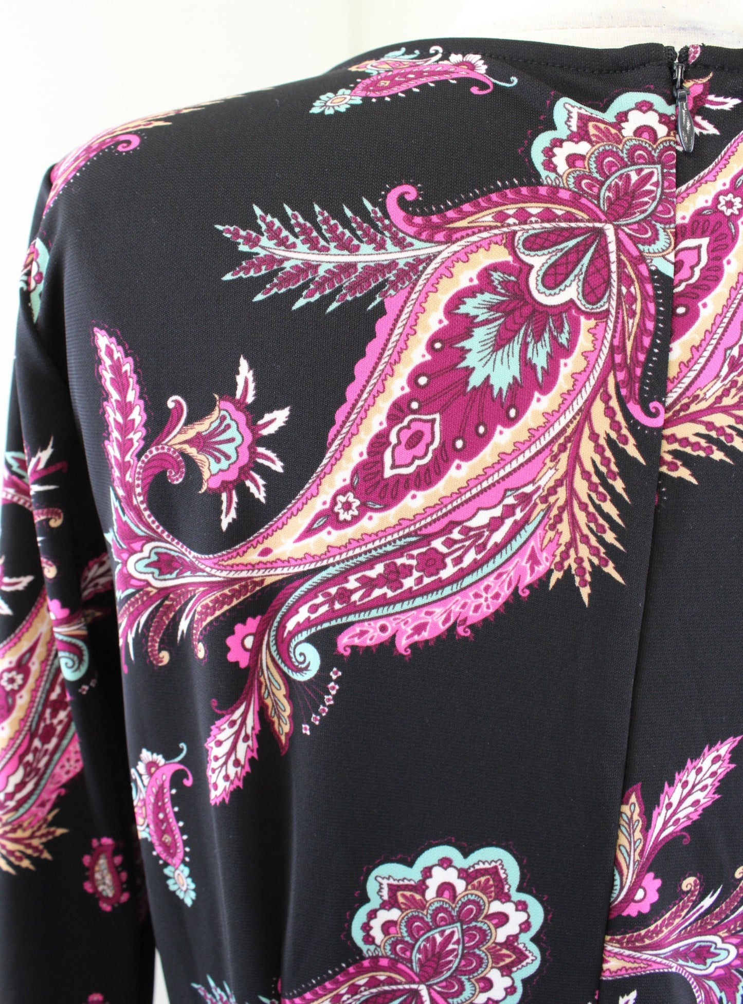 Talbots Black Paisley Print A Line Jersey Knit Dress Size PM MP V Neck Pink