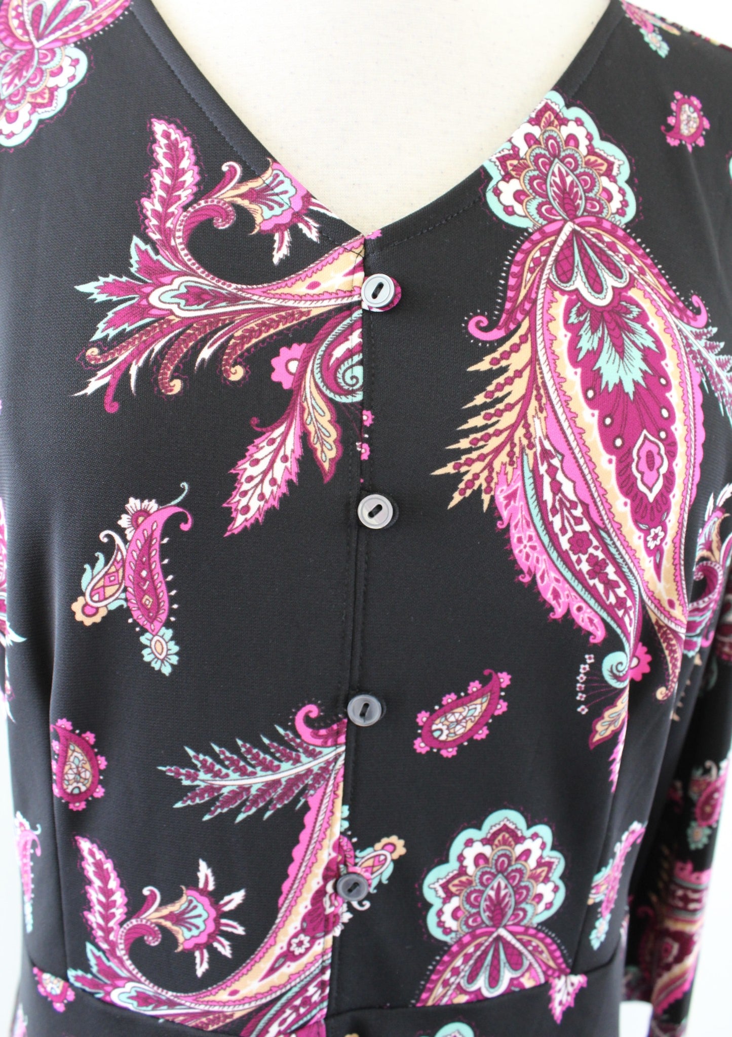 Talbots Black Paisley Print A Line Jersey Knit Dress Size PM MP V Neck Pink