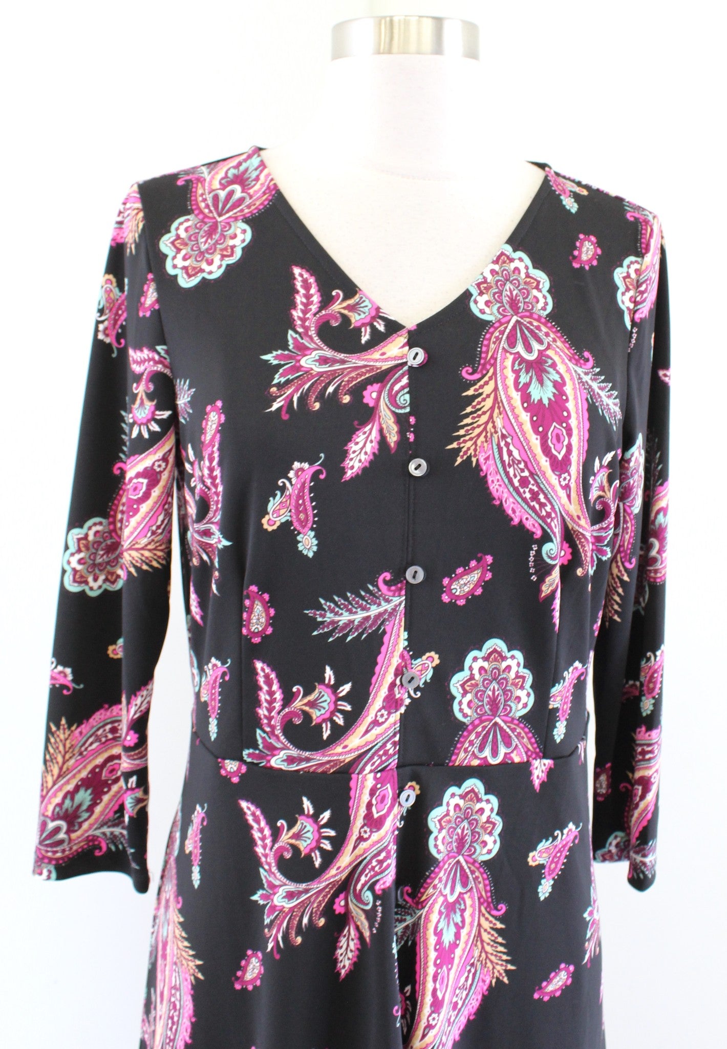 Talbots Black Paisley Print A Line Jersey Knit Dress Size PM MP V Neck Pink