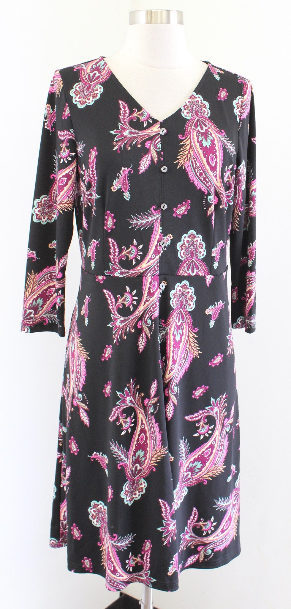 Talbots Black Paisley Print A Line Jersey Knit Dress Size PM MP V Neck Pink