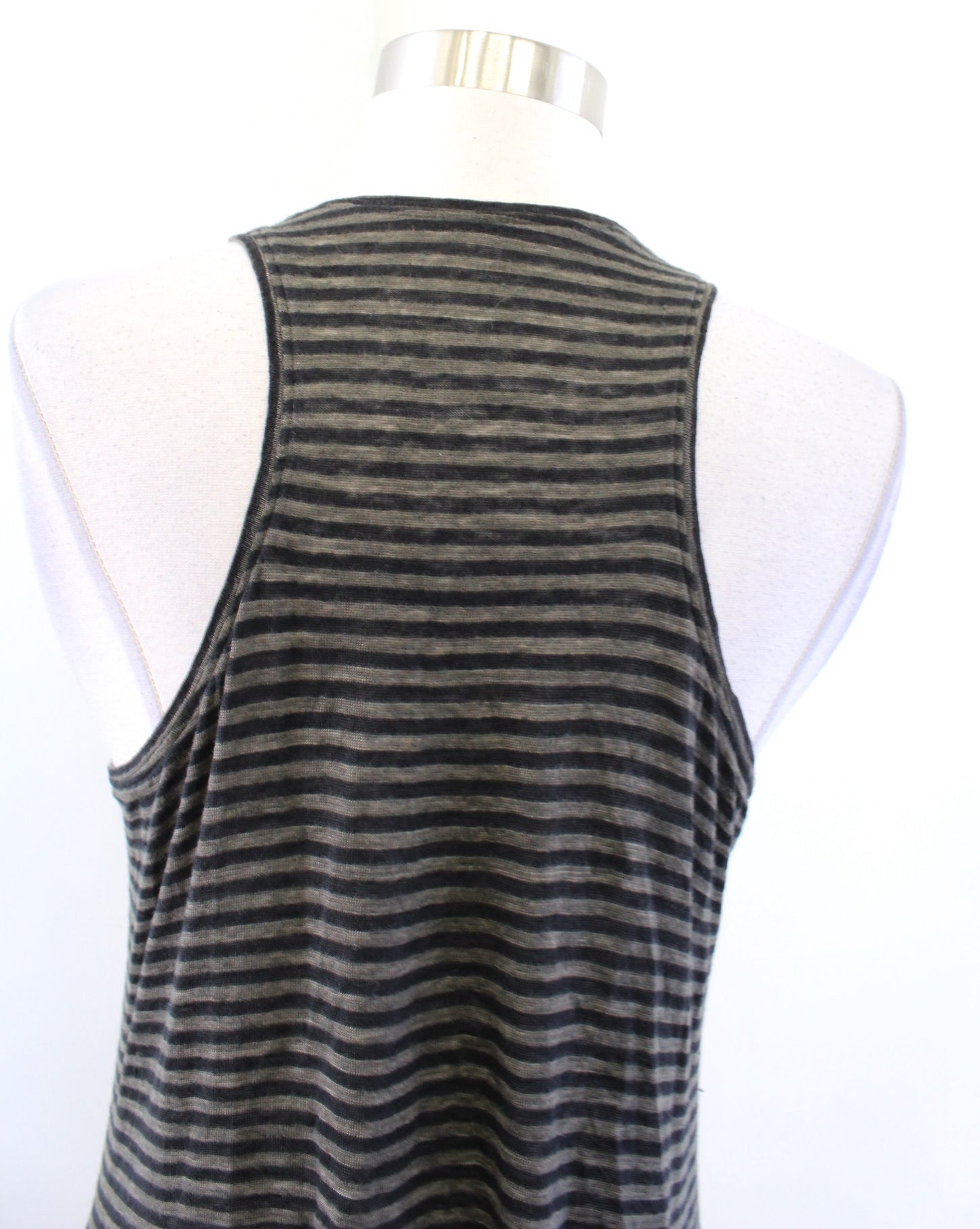 Eileen Fisher Olive Green Black Striped Linen Knit Racerback Tank Dress Size S