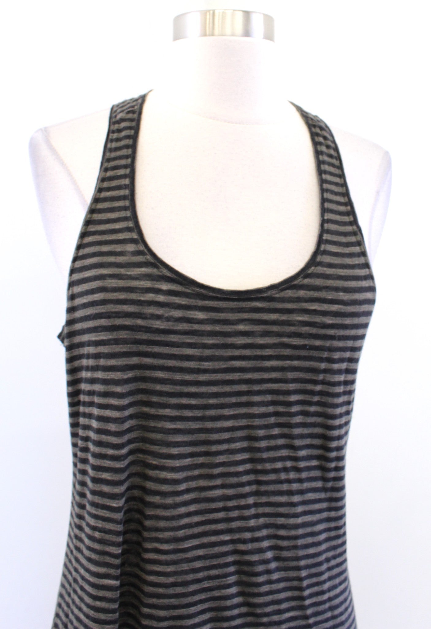 Eileen Fisher Olive Green Black Striped Linen Knit Racerback Tank Dress Size S