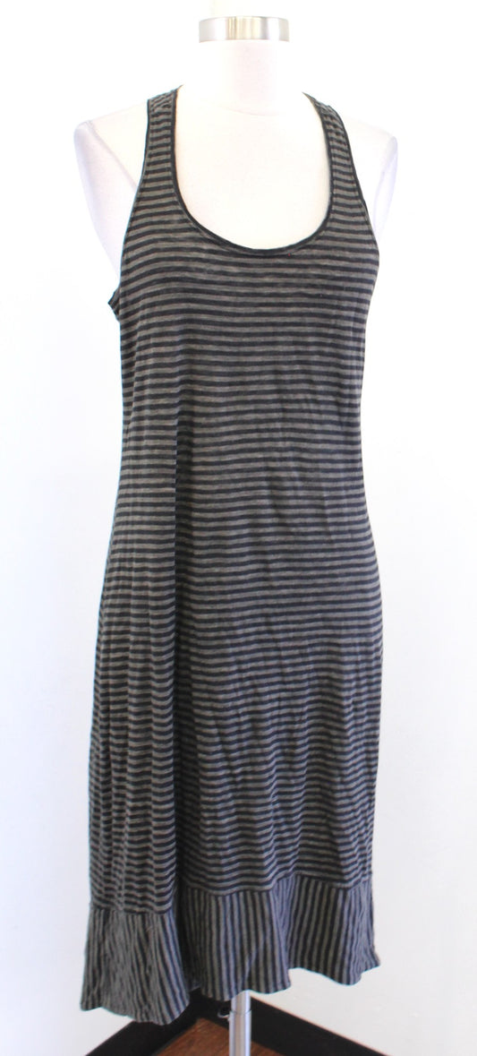 Eileen Fisher Olive Green Black Striped Linen Knit Racerback Tank Dress Size S