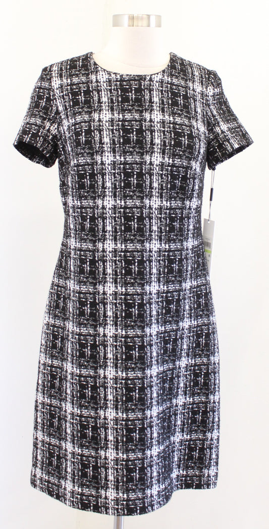 NWT Calvin Klein Black White Textured Plaid Short Sleeve Sheath Dress Size 4