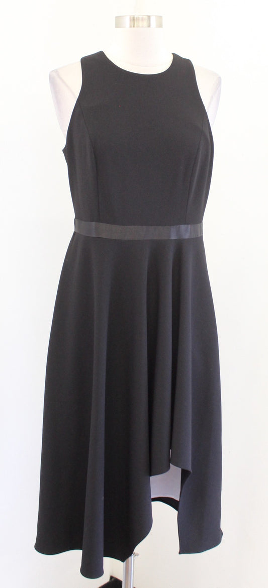 Calvin Klein Black Satin Trim Hi Lo Asymmetrical Hem A Line Dress Sz 4 Cocktail