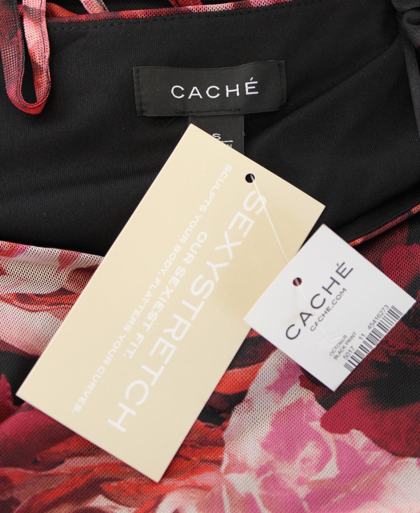 NWT Cache Black Rose Floral Print Tiered Layered Ruched Mesh Dress Sz S Cocktail