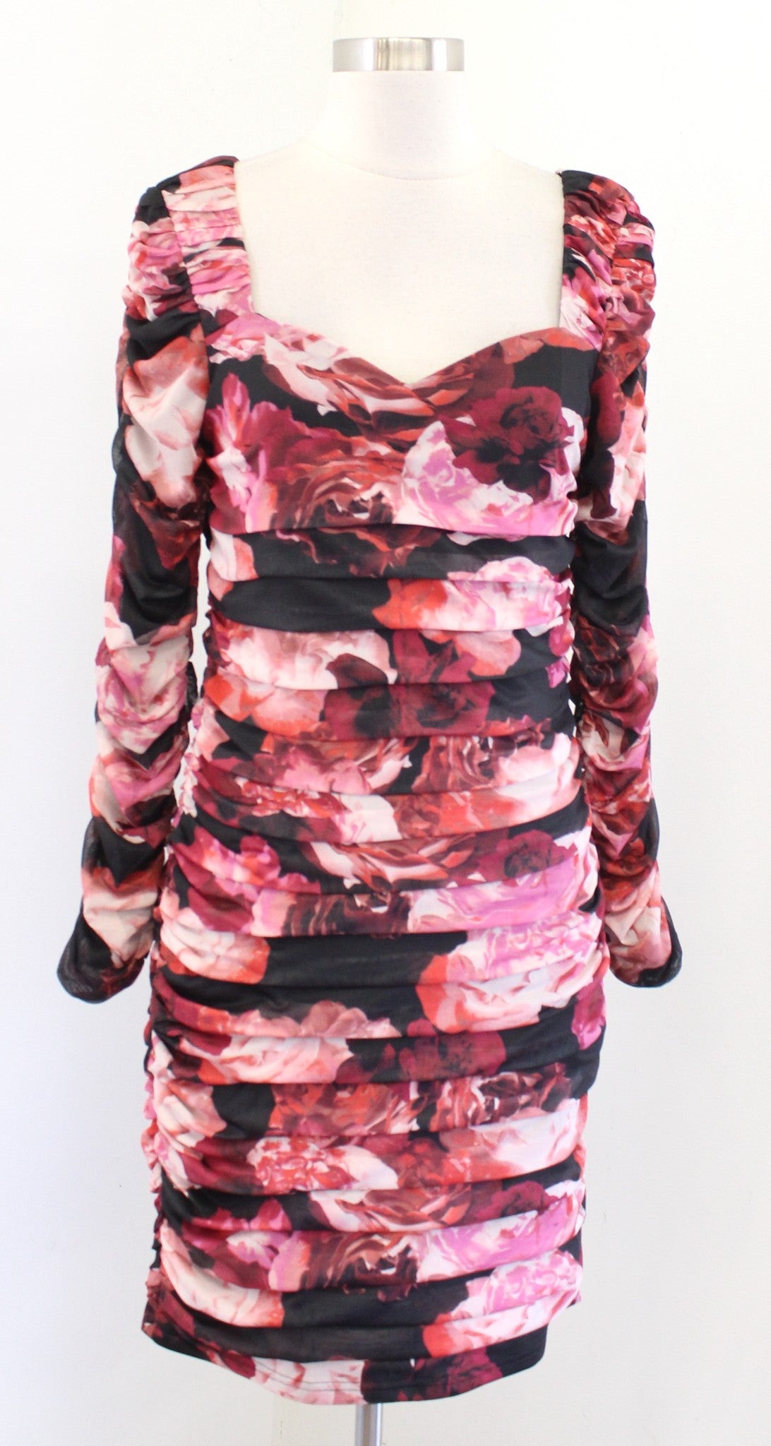 NWT Cache Black Rose Floral Print Tiered Layered Ruched Mesh Dress Sz S Cocktail