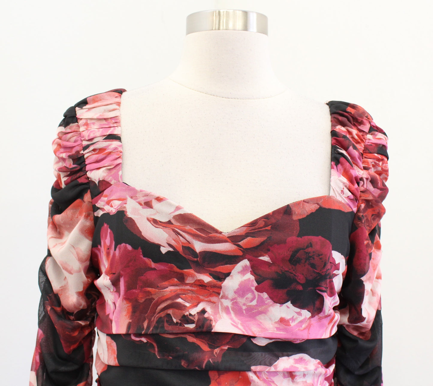 NWT Cache Black Rose Floral Print Tiered Layered Ruched Mesh Dress Sz S Cocktail