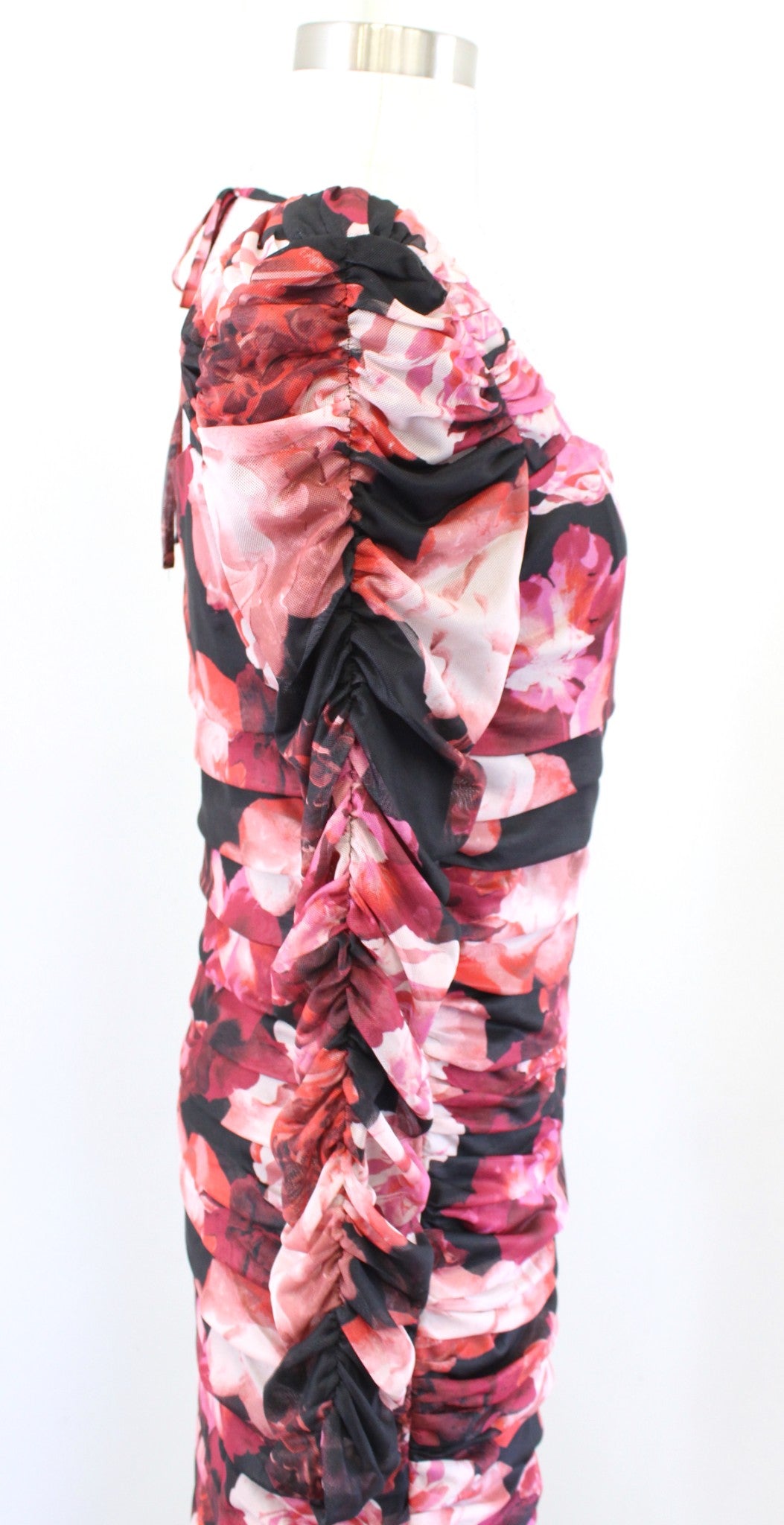 NWT Cache Black Rose Floral Print Tiered Layered Ruched Mesh Dress Sz S Cocktail