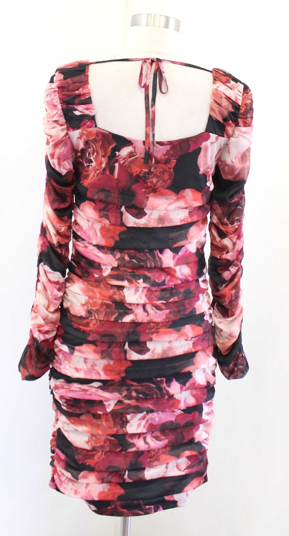 NWT Cache Black Rose Floral Print Tiered Layered Ruched Mesh Dress Sz S Cocktail