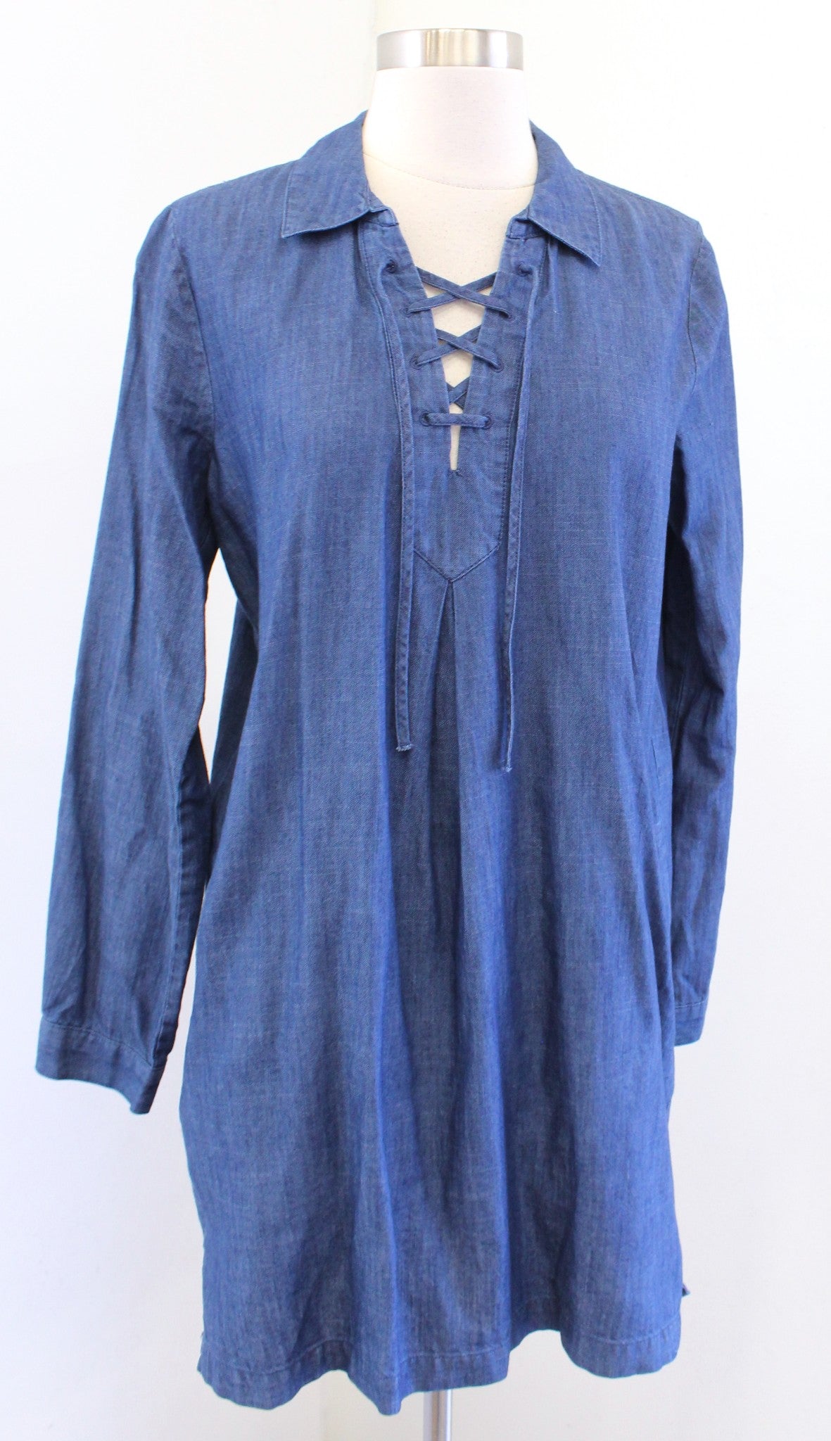 Soft Joie Katiana Denim Chambray Lace Up Neckline Long Sleeve Shift Dress Size S