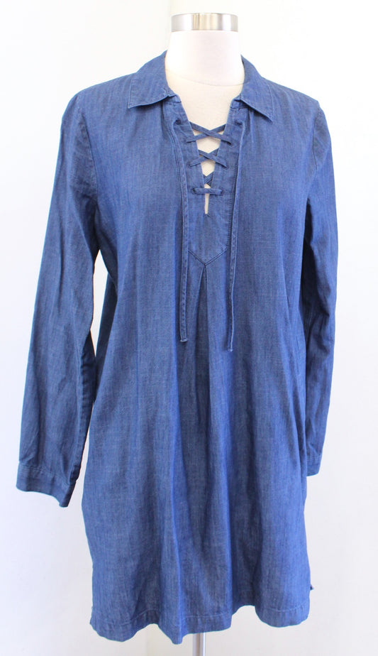 Soft Joie Katiana Denim Chambray Lace Up Neckline Long Sleeve Shift Dress Size S