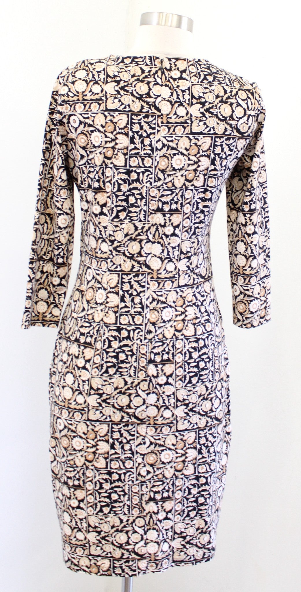 J McLaughlin Black Tan Geometric Floral Catalina Cloth Sheath Dress Sz XS Beige