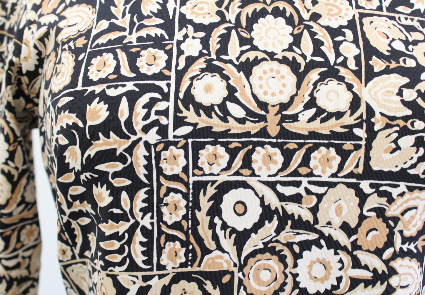 J McLaughlin Black Tan Geometric Floral Catalina Cloth Sheath Dress Sz XS Beige