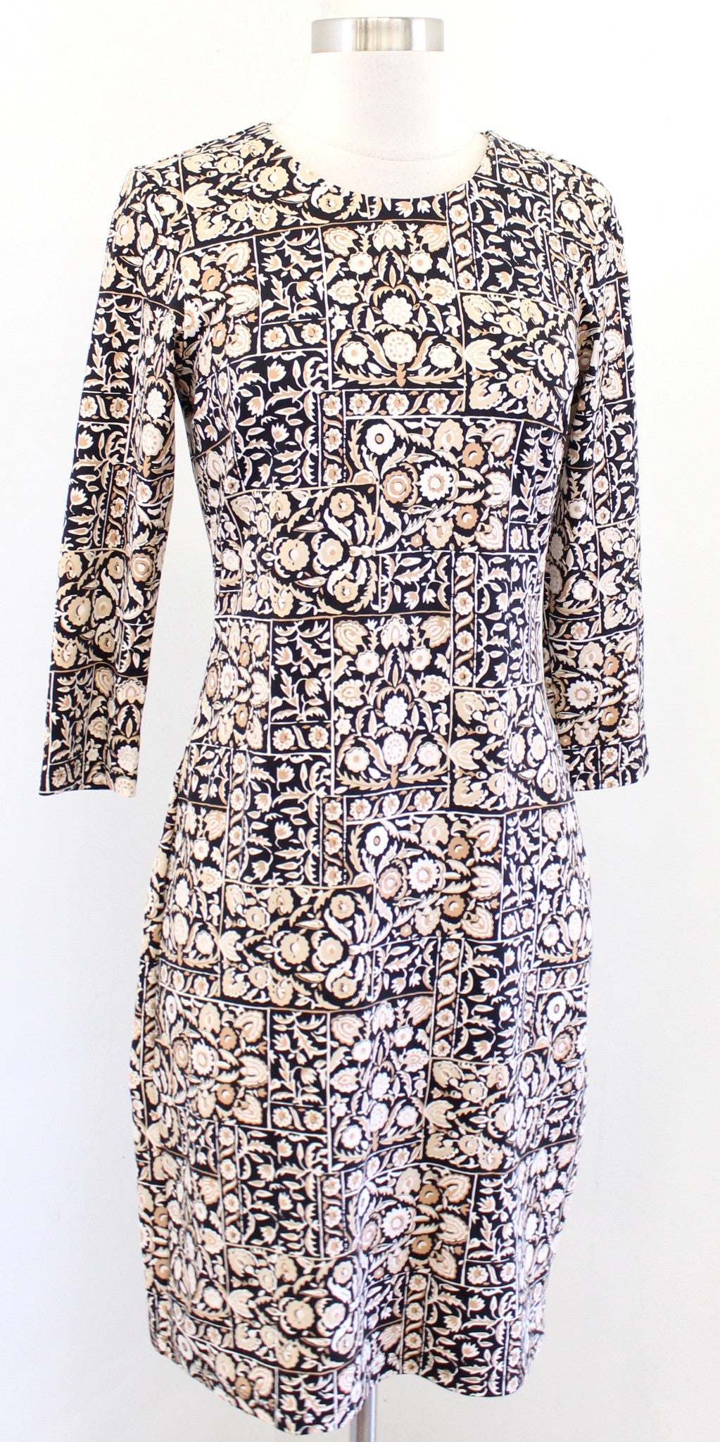 J McLaughlin Black Tan Geometric Floral Catalina Cloth Sheath Dress Sz XS Beige
