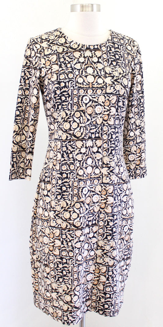 J McLaughlin Black Tan Geometric Floral Catalina Cloth Sheath Dress Sz XS Beige