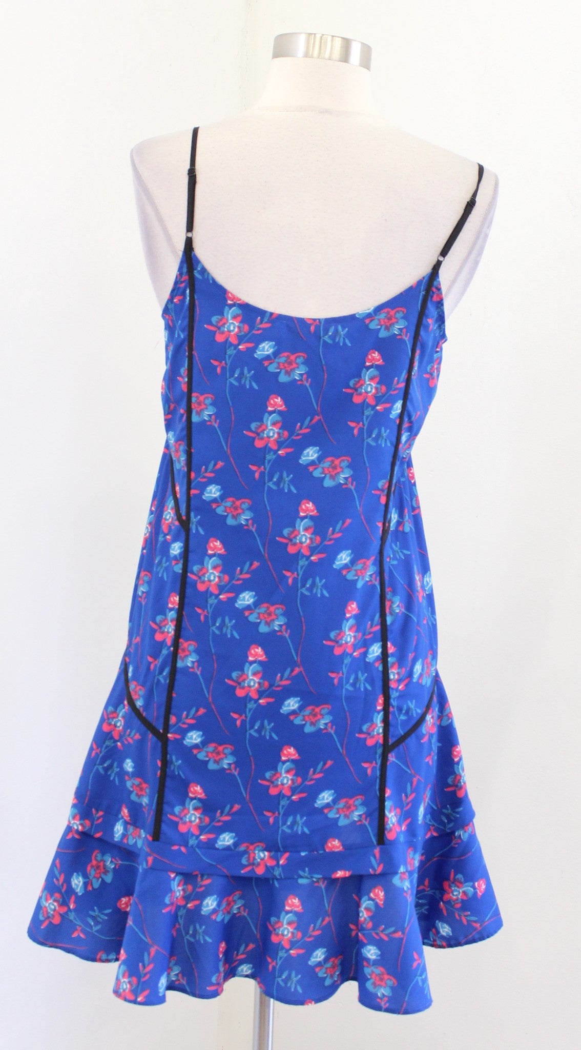 Thakoon Blue Floral Print Shift Dress Size 2 Flutter Hem V Neck Sleeveless