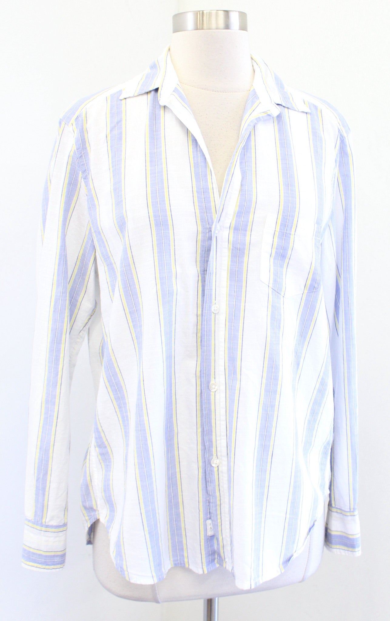 Frank and Eileen Eileen Striped V Neck Button Down Shirt Blouse XS Blue Yellow
