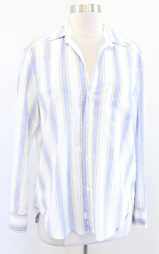 Frank and Eileen Eileen Striped V Neck Button Down Shirt Blouse XS Blue Yellow