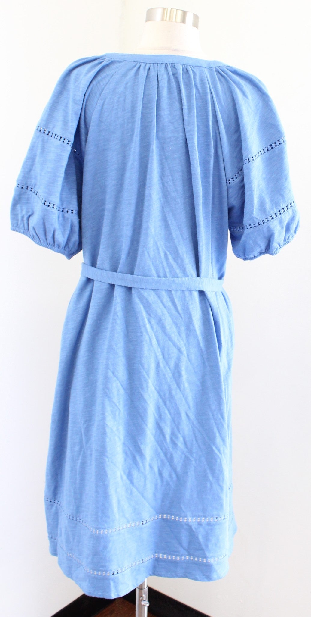 NWT Boden Blue Eyelet Trim Detail Cotton Jersey Tie Waist Dress US 16 L / 18 L