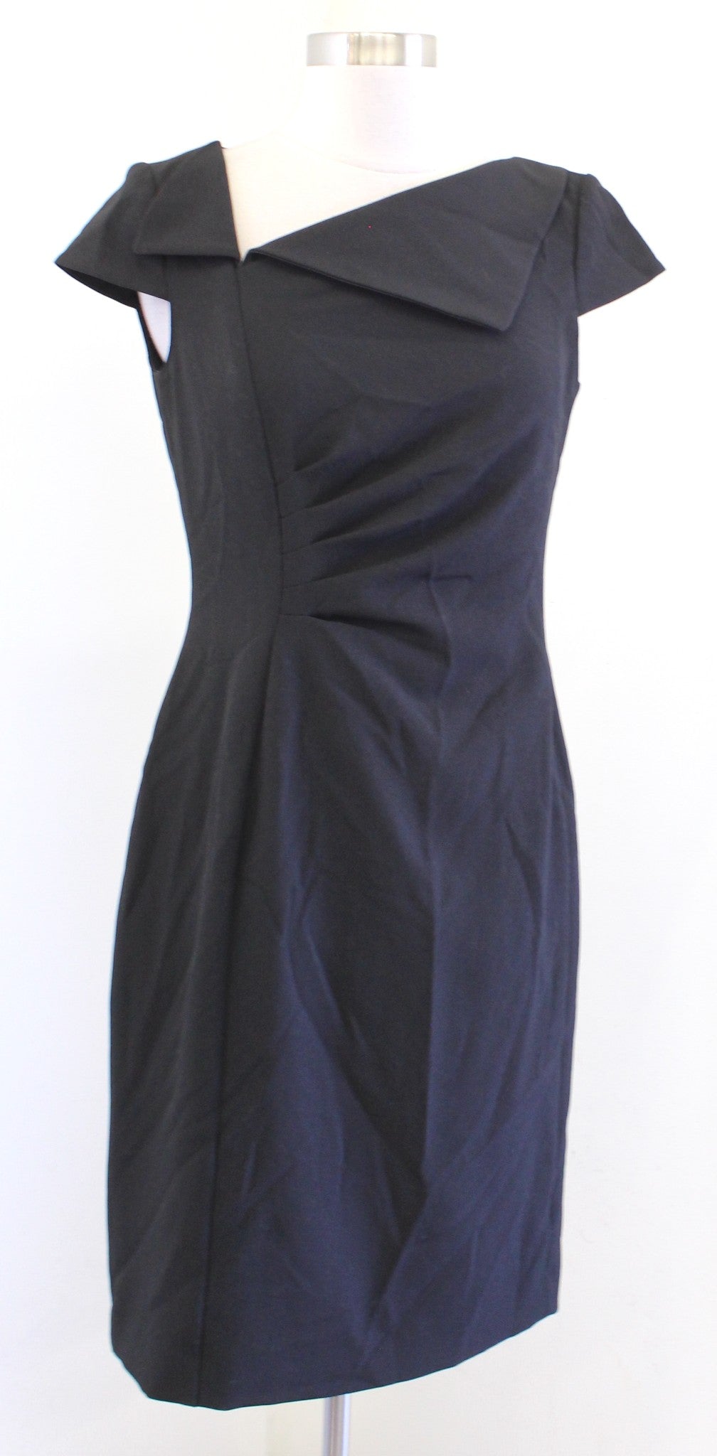 Tahari ASL Levine Black Ruched Asymmetric Neckline Cap Sleeve Sheath Dress Sz 4