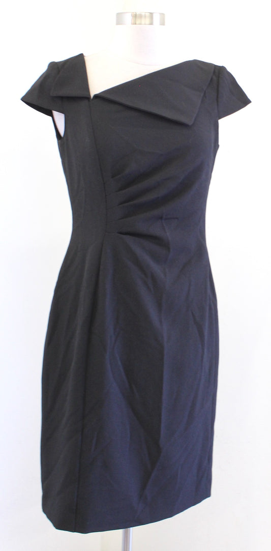 Tahari ASL Levine Black Ruched Asymmetric Neckline Cap Sleeve Sheath Dress Sz 4