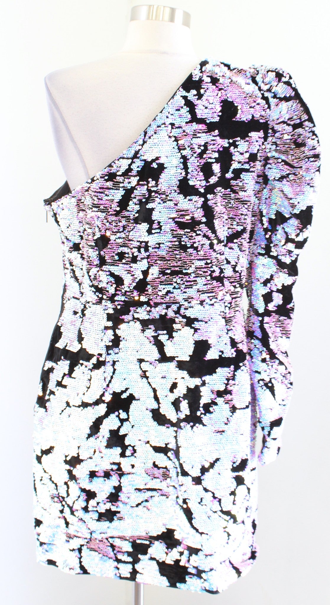 ASOS Velvet Iridescent Sequin One Shoulder Puff Sleeve Cocktail Party Dress 12