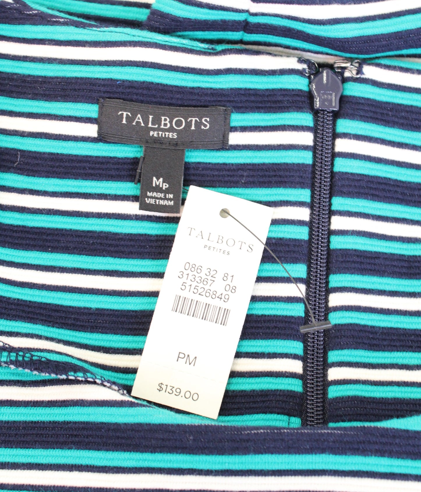 NWT Talbots Green Navy Blue Striped Short Sleeve Knit A Line Dress Size PM MP