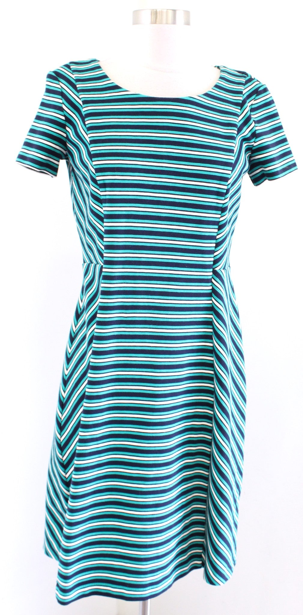 NWT Talbots Green Navy Blue Striped Short Sleeve Knit A Line Dress Size PM MP