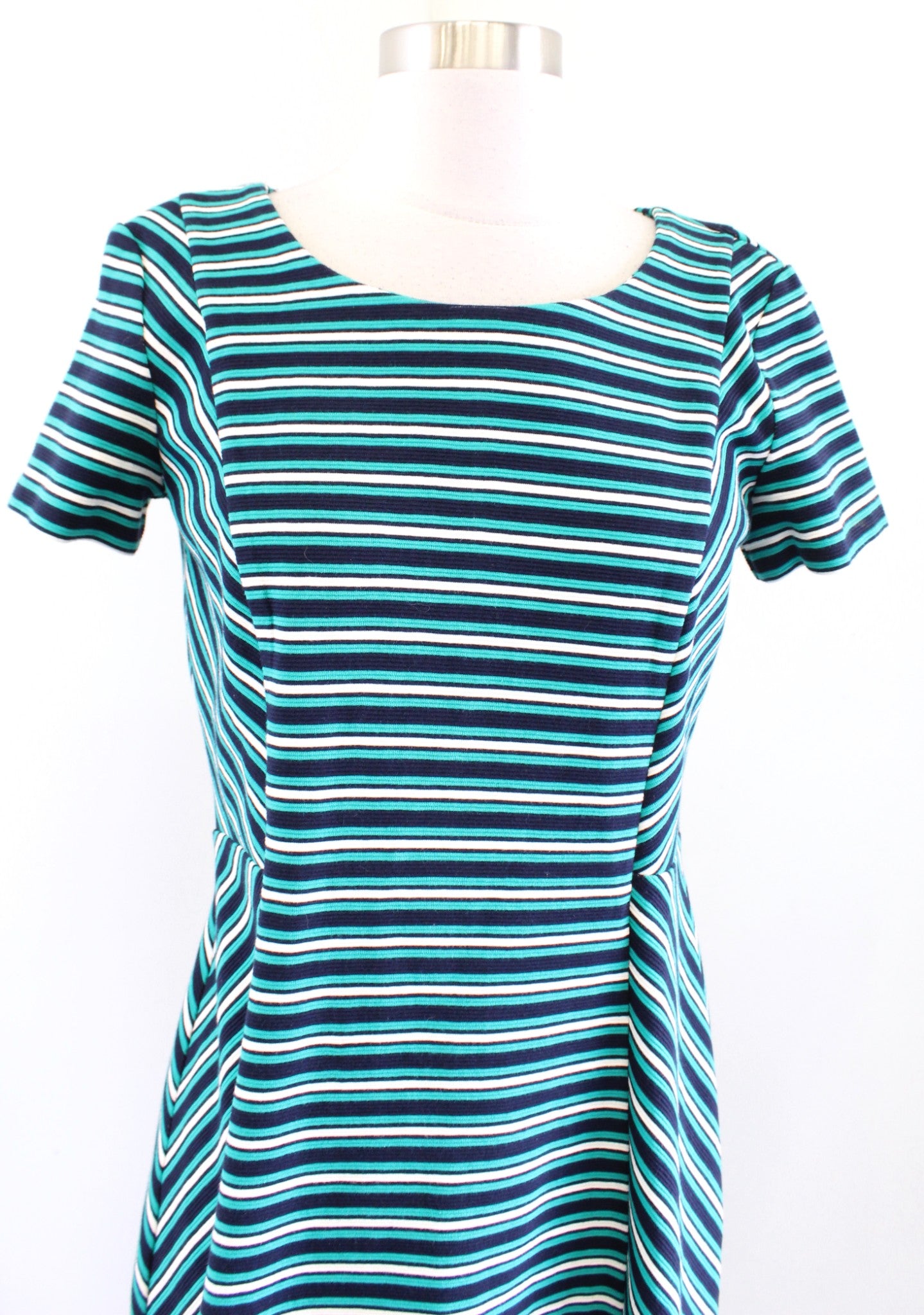 NWT Talbots Green Navy Blue Striped Short Sleeve Knit A Line Dress Size PM MP