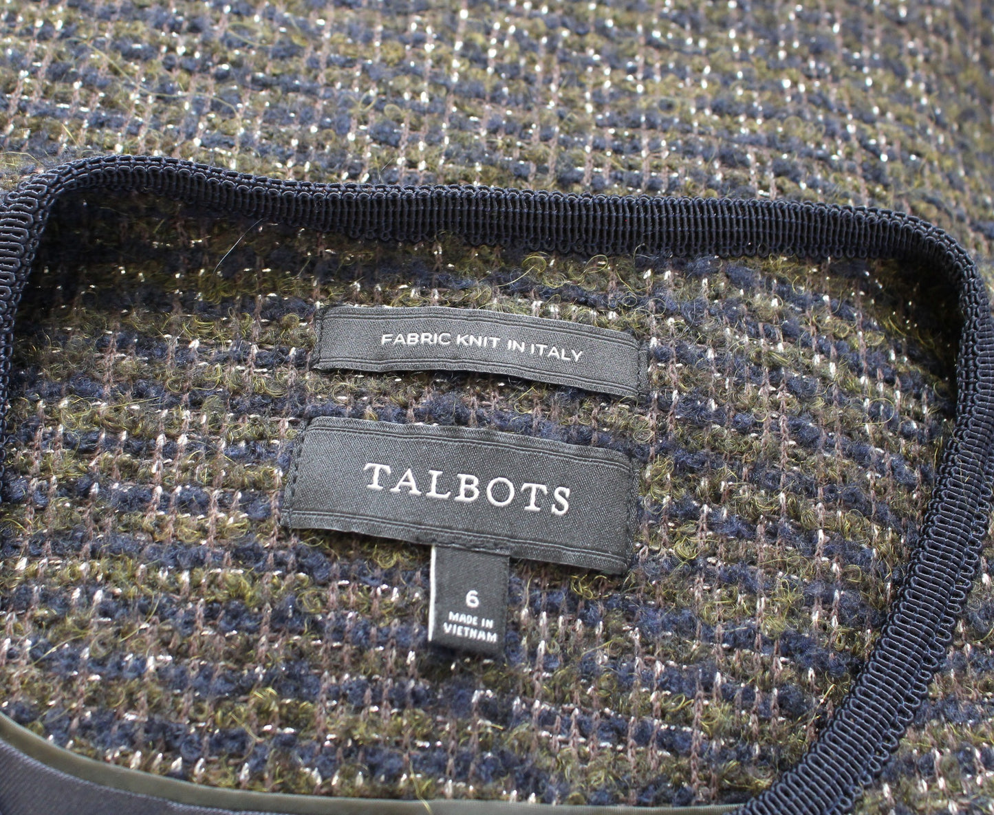 Talbots Knit in Italy Olive Green Navy Blue Tweed Blazer Jacket Size 6 Alpaca