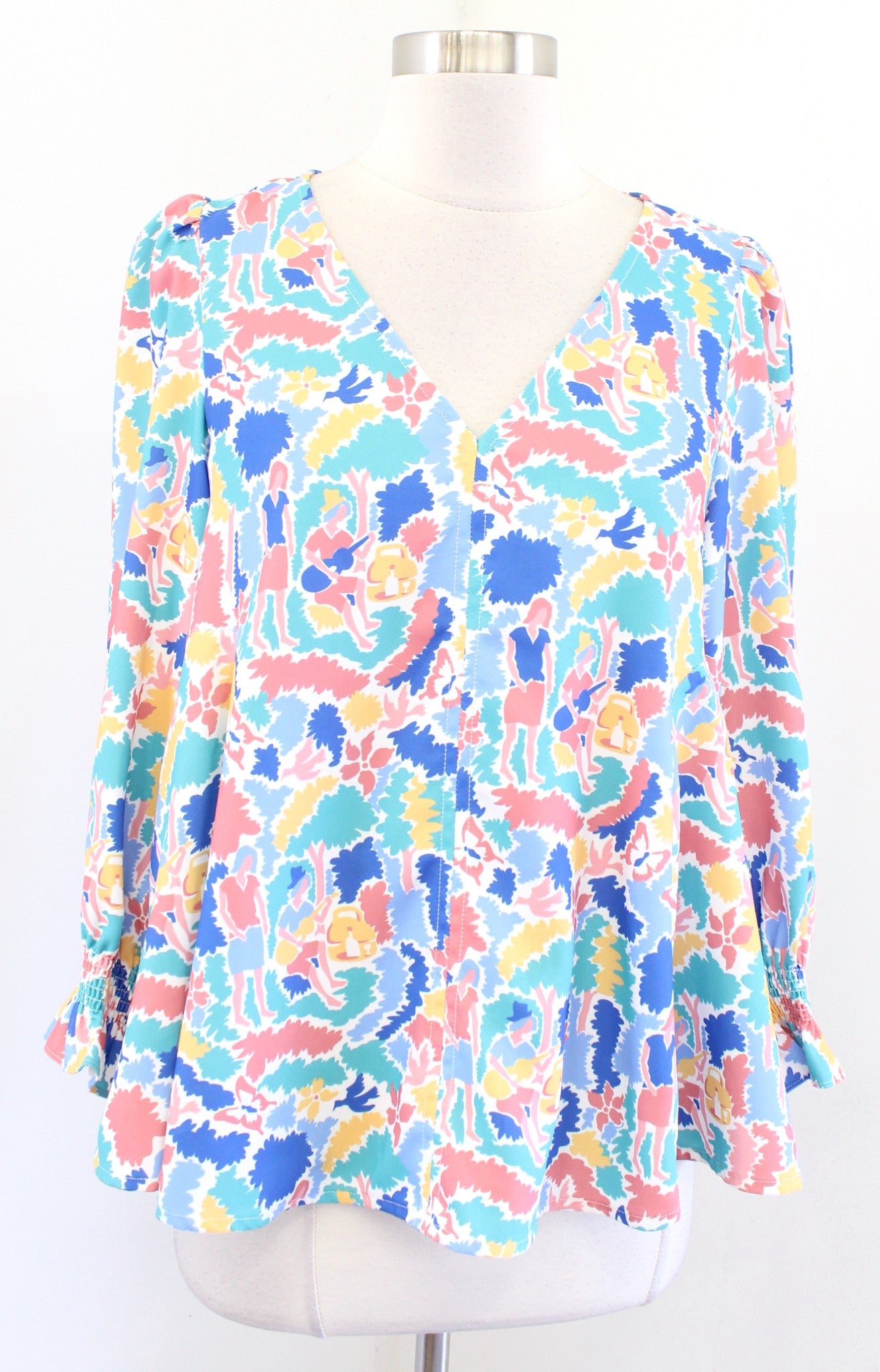 Tuckernuck Womens Easton Cabana Novelty Print V Neck Flared Top Blouse Size S