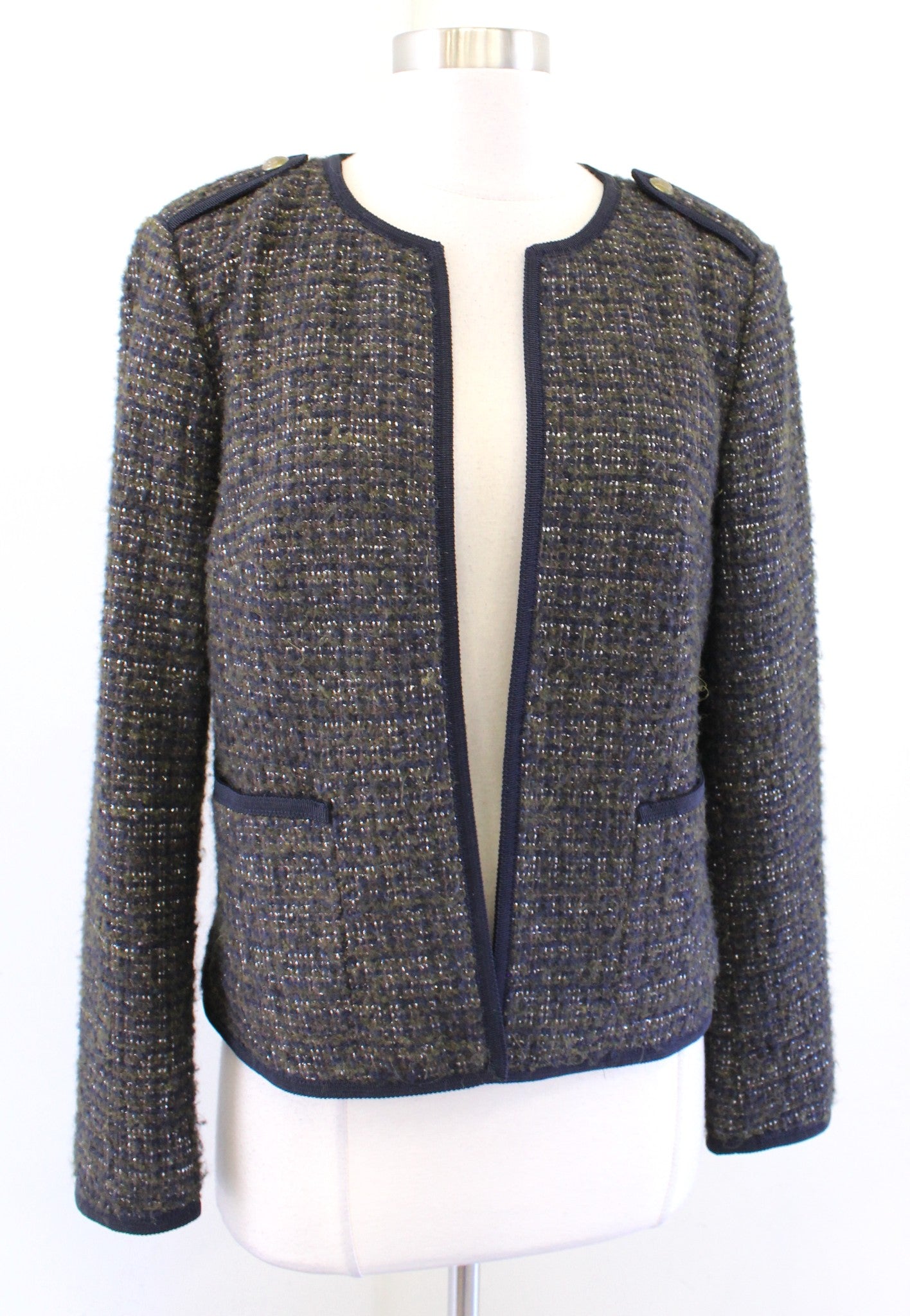 Talbots Knit in Italy Olive Green Navy Blue Tweed Blazer Jacket Size 6 Alpaca